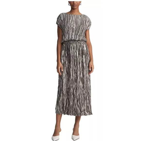 LAFAYETTE 148 WOMENS SMALL PLISSE GATHERED WAIST MIDI DRESS PEWTER METALLIC NEW - Picture 1 of 13